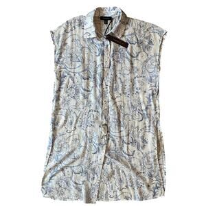NWT Tamara H Sleeveless Tunic Button Up Shirt Medium Blue White Sheer Top